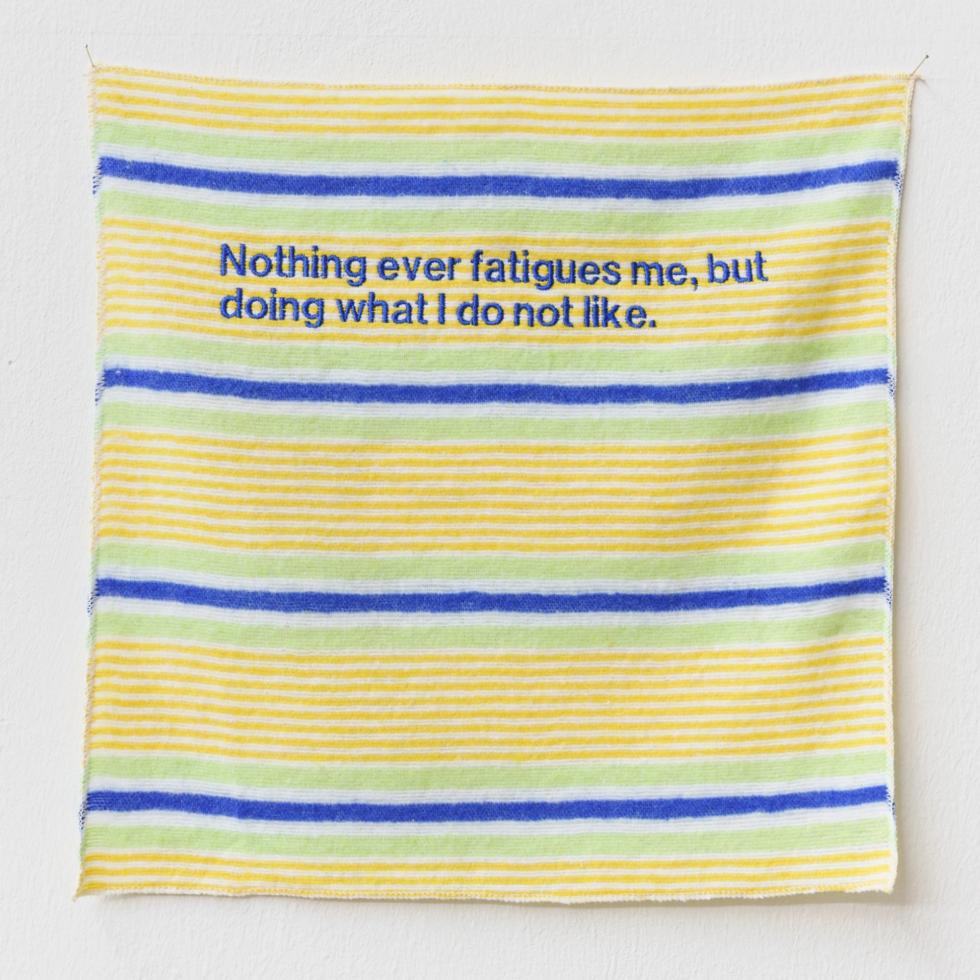*Untitled*, 2020 duster embroidered with blue yarn, approx. 33 cm x 33 cm, edition (9 pieces) for the Weserburg Museum für moderne Kunst
Photo: Lukas Klose