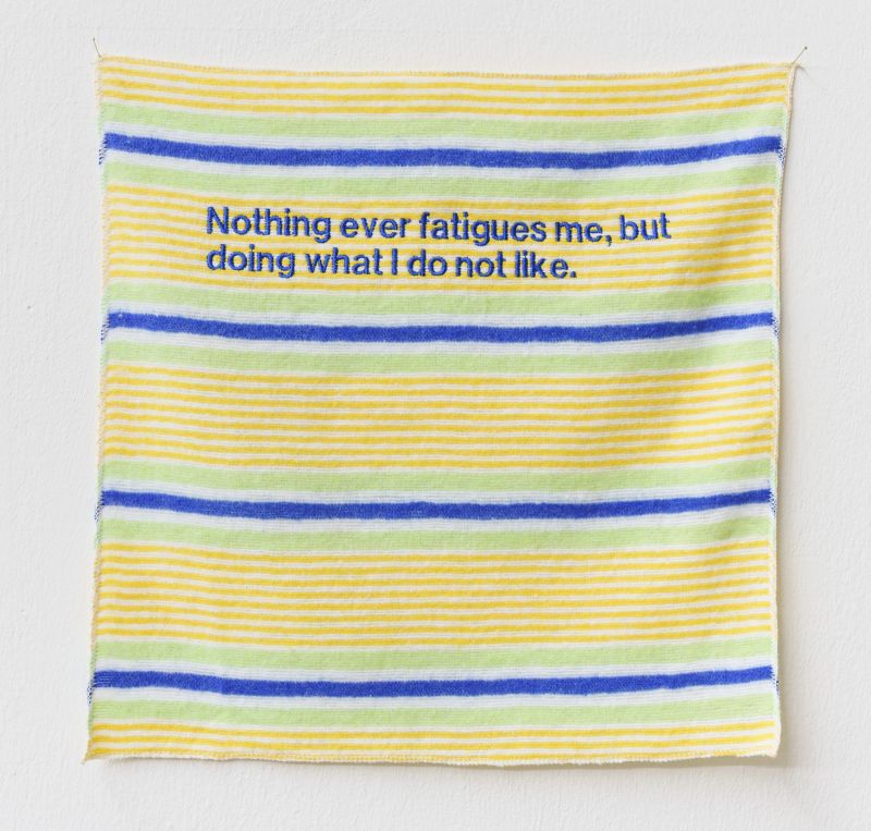 *Untitled*, 2020 duster embroidered with blue yarn, approx. 33 cm x 33 cm, edition (9 pieces) for the Weserburg Museum für moderne Kunst
Photo: Lukas Klose